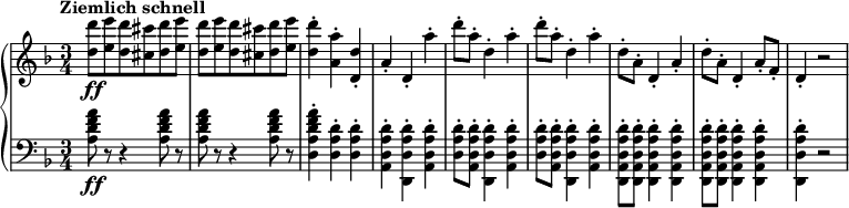 
\relative c'' {
  \new PianoStaff <<
    \new Staff {
      \set Staff.midiInstrument = #"piano" \key d \minor \clef treble \time 3/4 \set Score.tempoHideNote = ##t \tempo "Ziemlich schnell" 4 = 220
      <d d'>8 \ff <e e'>8 <d d'>8 <cis cis'>8 <d d'>8 <e e'>8 |
      <d d'>8 <e e'>8 <d d'>8 <cis cis'>8 <d d'>8 <e e'>8 |
      <d d'>4 -. <a a'>4 -. <d, d'>4 -. |
      a'4 -. d,4 -. a''4 -. |
      d8 -. a8 -. d,4 -. a'4 -. |
      d8 -. a8 -. d,4 -. a'4 -. |
      d,8 -. a8 -. d,4 -. a'4 -. |
      d8 -. a8 -. d,4 -. a'8 -. f8 -. |
      d4 -. r2 |
    }
    \new Staff {
      \set Staff.midiInstrument = #"piano" \key d \minor \clef bass \time 3/4
      <a d f a>8 \ff r8 r4 <a d f a>8 r8 |
      <a d f a>8 r8 r4 <a d f a>8 r8 |
      <d, a' d f a>4 -. <d a' d>4 -. <d a' d>4 -. |
      <a d a' d>4 -. <d, d' a' d>4 -. <a' d a' d>4 -. |
      <d a' d>8 -. <a d a' d>8 -. <d, d' a' d>4 -. <a' d a' d>4 -. |
      <d a' d>8 -. <a d a' d>8 -. <d, d' a' d>4 -. <a' d a' d>4 -. |
      <d, a' d a' d>8 -. <d a' d a' d>8 -. <d a' d a' d>4 -. <d a' d a' d>4 -. |
      <d a' d a' d>8 -. <d a' d a' d>8 -. <d a' d a' d>4 -. <d a' d a' d>4 -. |
      <d d' a' d>4 -. r2 |
    }
  >>
}
