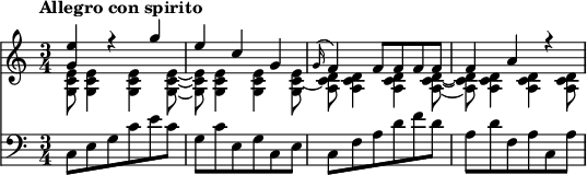 
<<
\new Staff \relative c'' {
    \version "2.18.2"
    \key c \major 
    \tempo "Allegro con spirito"
    \time 3/4
  << \relative c'' {\stemUp <g e'>4 r4 g' e c g \grace g16 (f4) f8 f f f f4 a r4} \\  \relative c'' {\stemDown <g, c e>8  <g c e>4  <g c e>  <g c  e>8 ~  <g c e>8  <g c e>4 <g c e> <g c e>8  ~ <a c d> <a c d>4 <a c d> <a c d>8 ~ <a c d>  <a c d>4 <a c d> <a c d>8 }>>
}
\new Staff \relative c {
  \clef bass
    \key c \major
    \time 3/4
     c8 e g c e c
     g c e, g c, e
     c f a d f d
     a d f, a c, a'
}
>>
