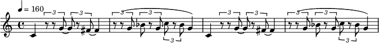 
  \relative c' {
  \key c \major
  \tempo 4 = 160
c4~ \times 2/3 {r8 r8 g'8~} \times 2/3 {g8 r8 fis8~ } fis4 |
\times 2/3 {r8 r8 (g8} \times 2/3 {bes8 r8 g8} \times 2/3 {c8 r8 bes8} g4) |
c,4~ \times 2/3 {r8 r8 g'8~} \times 2/3 {g8 r8 fis8~ } fis4 |
\times 2/3 {r8 r8 (g8} \times 2/3 {bes8 r8 g8} \times 2/3 {c8 r8 bes8} g4) |
}
