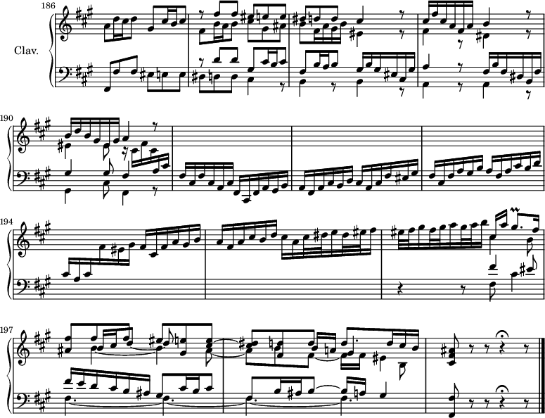 
\version "2.18.2"
\header {
  tagline=##f
}

trillGisqp   ={ \tag #'print { gis8.\prall } \tag #'midi { a32 gis a gis~ \tempo 4.=40 gis16 } }

upper=\relative c'' {
  \clef treble
  \key fis \minor
  \time 6/8
  \tempo 4.=62
  \set Score.currentBarNumber=#186
  \omit Staff.TimeSignature
    \bar ""

   % ms. 186
   a8 d16 cis d8 gis,8 cis16 b cis8|
   << { r8 fis8 fis eis e e|dis d d cis4 r8|cis16 fis cis a fis a b4 r8|b16 d b gis eis gis a4 r8 } 
   \\ { fis8 b16 a b8 cis gis ais|b fis16 a gis b eis,4 r8|fis4 r8 dis4 r8|eis4 eis8 r16 cis16 fis cis  \stemUp  \change Staff="lower" a cis } >> \stemUp  \change Staff="lower"
   % ms. 191
   fis,16 cis fis cis a cis fis, cis fis a gis b|a fis a cis b d cis a cis fis eis gis|fis cis fis a gis b a fis a cis b d|
   % ms. 194
   cis a cis \stemNeutral   \change Staff="upper" fis eis gis fis cis fis a gis b|a fis a cis b d cis a cis32 dis e16 dis32 eis fis16|eis32 fis gis16 fis32 gis a16 gis32 a b16
   % ms. 196 suite
   << { cis,16[ a'] \trillGisqp fis16|\tempo 4.=62 < ais, fis' >8  fis' fis eis < gis, e' > < cis e >~ < cis dis > < fis, d' > d' d8. d16 cis b  } 
   \\ { s4. s8 \stemUp \shiftOn b16 cis d8~ d s8|s4. b16 a gis4  \stemDown   \tempo 4.=45 b,8  } 
   \\ { \stemDown cis'4 b8 s8 b4_~ b4 ais8_~|ais b fis_~ fis16 fis eis4 } >>|  \tempo 4.=20 < cis fis ais >8 r8 r8 r4\fermata r8


}

lower=\relative c {
  \clef bass
  \key fis \minor
  \time 6/8
  \omit Staff.TimeSignature

   % ms. 186
   fis,8 fis' fis eis e e|
   << { r8 d'8 d gis, cis16 b cis8|fis,8 b16 a b8 gis16 b gis eis cis gis'|a4 r8 fis16 b fis dis b fis'|gis4 gis8 fis4 } 
   \\ { dis8 d d cis4 r8|b4 r8 b4 r8|a4 r8 a4 r8|gis4 cis8 fis,4 r8  } >>
   % ms. 188
   
   % ms. 191
   s2.*5
   % ms. 196
   r4 r8 
   << { fis''4 eis8|fis16 e d cis b ais gis8 cis16 b cis8|fis,8 b16 ais b8~ b16 a gis4 } 
   \\ { \mergeDifferentlyDottedOn fis8 cis'4|fis,4.~ fis~ fis~ fis } >> < fis, fis' >8 r8 r8 r4\fermata r8 \bar "|." 

}

thePianoStaff=\new PianoStaff <<
    \set PianoStaff.instrumentName=#"Clav."
    \new Staff="upper" \upper
    \new Staff="lower" \lower
  >>

\score {
  \keepWithTag #'print \thePianoStaff
  \layout {
      #(layout-set-staff-size 17)
    \context {
      \Score
     \override SpacingSpanner.common-shortest-duration=#(ly:make-moment 1/2)
      \remove "Metronome_mark_engraver"
    }
  }
}

\score {
  \keepWithTag #'midi \thePianoStaff
  \midi { \set Staff.midiInstrument=#"harpsichord" }
}
