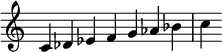 {
\override Score.TimeSignature #'stencil = ##f
\relative c' {\time 7/4 c des es f g as bes c} }