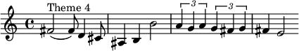 \relative c' {fis2^"Theme 4"( fis8) d4 cis8 ais4 b b'2 \times2/3 { a4 g a }\times2/3 { g4 fis g } fis e2} 