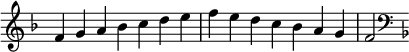   {
\override Score.TimeSignature #'stencil = ##f
\relative c' {
  \clef treble \key f \major \time 7/4 f4 g a bes c d e f e d c bes a g f2
  \clef bass \key f \major
} }
