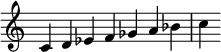  {
\override Score.TimeSignature #'stencil = ##f
\relative c' {\time 7/4 c d es f ges a bes c} }