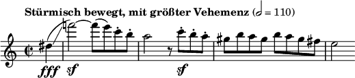  \relative c'' { \set Staff.midiInstrument = #"violin"  \clef treble \key a \minor \tempo "Stürmisch bewegt, mit größter Vehemenz" 2 = 110\time 2/2 \partial 4*1 dis\fff(\glissando | f'!2\sf)~ f8(e) c-. b-. | a2 r8 c\sf-. b-. a-. | gis b a gis b a gis fis | e2 } 