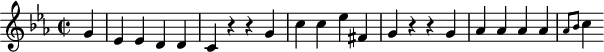 
\version "2.18.2"
\header {
  tagline = ##f
}

\score {
  \new Staff \with {

  }
<<
  \relative c'' {
    \key c \minor
    \time 2/2  
    \tempo 2 = 72
    \override TupletBracket #'bracket-visibility = ##f 

     %%Mozart — Concerto 24, mvt 3, th. 1
     \partial 4 g4 ees ees d d c r4 r4 g' c c ees fis, g r4 r4 g4 aes aes aes aes \grace { aes8 bes } c4

  }
>>
  \layout {
     \context { \Score \remove "Metronome_mark_engraver" }
  }
  \midi {}
}
