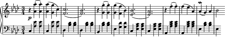 
 \relative c' {
  \new PianoStaff <<
   \new Staff { \key f \minor \time 3/4 
    \tempo \markup {
     \column {
   }
    }
    r <aes' aes'>-.( <aes aes'>-.) <aes aes'>( <g g'> c) <c f,>2.( <bes f>) r4 <g g'>4-.( <g g'>-.) <g g'>( <f f'> bes) <bes ees,>2.( <aes ees>) r4 f'4-.( f-.) f ( ees aes,) aes\mordent( g) aes bes2
   }
   \new Dynamics {
    s\p
    }
   \new Staff { \key f \minor \time 3/4 \clef bass
    c,,4 <aes' ees'> <aes ees'> c, <aes' ees'> <aes ees'> des, <bes' des> <bes des> des, <bes' des> <bes des> bes, <bes' des> <bes des> ees, <g des'> <g des'> c, <ees c' aes> <ees c' aes> c <ees c' aes> <ees c' aes> aes, <aes' ees' c> <aes ees' c> aes, <aes' ees' c> <aes ees' c> ees <bes' des> <bes des> ees,
   }
  >>
 }
