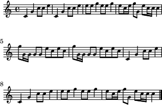 
\header { tagline = ##f }
\score {
  \new Staff \with{ \magnifyStaff #2/3 }{
    \transposition g   % ← G管のビューグルを想定
    \once \omit Score.MetronomeMark
    \tempo 4 = 54    % ← midiの演奏テンポ
    \time 4/4
    %\set Staff.midiInstrument = #"trumpet"
    \override Score.SpacingSpanner #'common-shortest-duration = #(ly:make-moment 1 4)
    \new Voice {
      \relative c' {
        c4 g'4 c8 c8 e4 c,4 g'4 c8 c8 e4 e8 e8 g4 e8 e8 g4 e8 c16 e16 g8 g,8 e'8 c16 c16 c4 
        g'8 g,16 g16 g8 g8 e'8 c8 e8 c8 g'8 g,16 g16 g8 g8 e'8 c8 e8 c8 
        c,4 g'4 c8 c8 e4 c,4 g'4 c8 c8 e4 e8 e8 g4 e8 e8 g4 e8 c16 e16 g8 g,8 e'8 c16 c16 
        \once \omit Score.MetronomeMark \tempo 4 = 27 c4 \bar "|."
      }
    }
  }
  \layout {indent = 0\mm line-width = 78\mm}
  \midi {}
}