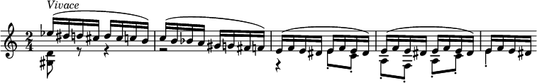 {
\set Score.tempoHideNote = ##t
\clef violin \key c \major \time 2/4 \tempo 4 = 200
  << { \voiceOne
    es''16(^\markup{\italic{Vivace}} dis'' d'' cis'' d'' cis'' c'' b')
    c''16( b' bes' a' gis' g' fis' f')
    e'( f' e' dis' e' f' e' dis')
    e'( f' e' dis' e' f' e' dis')
    e'( f' e' dis'
  }
  \new Voice { \voiceTwo
    <gis d'>8 r r4
    r2
    r4 e'8\staccato c'\staccato
    a8\staccato f\staccato a\staccato c'\staccato
    e'4\staccato
  } >> \oneVoice
}
