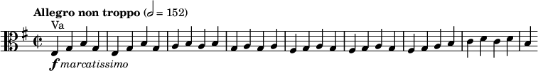 
<<
  \new Staff \with {midiInstrument = "viola"} {
    \relative c {
      \clef alto
      \tempo "Allegro non troppo" 2 = 152
      \key e \minor
      \time 2/2
      e4^"Va"-\markup{\dynamic f \italic { marcatissimo }} g b g |
      e g b g |
      a b a b |
      g a g a |
      fis g a g |
      fis g a g |
      fis g a b |
      c d c d | b
    }
  }
>>