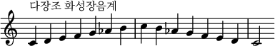 {
\omit Score.TimeSignature \relative c' {
  \time 7/4 c^"다장조 화성장음계"d e f g aes b c b aes g f e d c2
} }