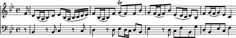 
<< <<
\new Staff { \clef treble \time 4/4 \partial 8 \key bes \major 
    \set Staff.midiInstrument = "oboe" \set Score.tempoHideNote = ##t 
    \relative c' { 
    f8 | d[ bes16( a bes8) d] es bes16( a bes c d es) | 
    f8[ bes,16( a bes8) f'] g\trill( f) f bes | 
    g[ f16( es f8) bes] es,( d16 c d8) bes | 
    f'8[ g16( f g8) es] c4 }
}
\new Staff { \clef bass \time 4/4 \key bes \major
    \set Staff.midiInstrument = "cello"
    \relative c {
    r8 | bes4 r8 bes c4 r8 c |
    d4 r8 d es d16 c d8 bes |
    es4 r8 d c f bes, g' |
    d bes es c f4 }
}
>> >>
\layout { indent = #0 }
\midi { \tempo 4 = 66 }
