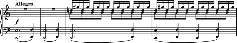 
 \relative c' {
  \new PianoStaff <<
   \new Staff \with { \remove "Time_signature_engraver" } { \key a \minor \time 4/4 \set Score.tempoHideNote = ##t \tempo "Allegro." 4=120
   \override Score.NonMusicalPaperColumn #'line-break-permission = ##f
    <<
     {
      \override MultiMeasureRest.staff-position = #2 R1 R
      d'!16 gis d gis d gis d gis d gis d gis d gis d gis
      d gis d gis d gis d gis d gis d gis d gis d gis
     }
    \\
     { s1 s b,8 b b b b b b b b b b b b b b b }
    >>
   }
   \new Dynamics {
    s4\f
   }
   \new Staff \with { \remove "Time_signature_engraver" } { \key a \minor \time 4/4 \clef bass
    <e,, e,>2.( <f f,>4) <e e,>2.( <f f,>4) <e e,>2.( <f f,>4) <e e,>( <f f,> <e e,> <f f,>)
   }
  >>
 }
