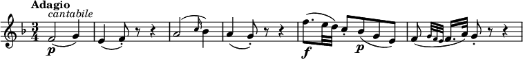 
\version "2.18.2"
\relative c'' {
  \key f \major
  \time 3/4
  \tempo "Adagio "
  \tempo 4 = 50
  f,2  \p ^ \markup{\italic cantabile } (g4)
  e4 (f8-.) r r4
  a2 (\grace c16 (bes4)) 
  a4 (g8-.) r r4
  f'8. \f (e32 d) c8-. bes \p (g e)
  f (\grace {g32 f e} f16. a32) g8-. r r4
  
}
