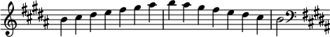   {
\override Score.TimeSignature #'stencil = ##f
\relative c'' {
  \clef treble \key b \major \time 7/4 b4 cis dis e fis gis ais b ais gis fis e dis cis b2
  \clef bass \key b \major
} }
