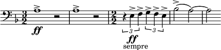  \relative c' { \clef bass \key d \minor \time 3/2 a1->\ff r2 | a1-> r2 | \numericTimeSignature \time 2/2 \times 2/3 { r4_"sempre" e->\ff f-> } \times 2/3 { g-> f-> e-> } | bes'2->( a)~ | a } 