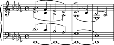 
\relative c'' {
  \new PianoStaff <<
    \new Staff <<
      \new Voice = "first" {
        \set Staff.midiInstrument = #"piano" \set Score.tempoHideNote = ##t \tempo 4 = 40 \stemUp \clef treble \key bes \minor \time 4/4
        bes2. ^( as4 |
        ges2 f2 ) |
        f2. ^> ^( es4 ) |
        des2 ^( c2 ) |
      }
      \new Voice = "second" {
        \stemDown
        f2. _( es4 |
        des2 c2 ) |
        bes1 _( |
        ges1 ) |
      }
    >>
    \new Staff <<
      \new Voice = "third" {
        \stemUp \clef bass \key bes \minor \time 4/4
        des'2. ^( c4 |
        bes2 as2 ) |
        ges1 ^( |
        es1 ) |
      }
      \new Voice = "fourth" \relative c,, {
        \stemDown \clef bass \key bes \minor \time 4/4
        f'1~
        f1~
        f1~
        f1
      }
    >>
  >>
}
