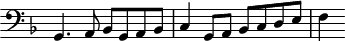 
\header {
  tagline = ##f
}

\score {
  \new Staff \with {
     \remove "Time_signature_engraver"
  }
<<
  \relative c {
    \key f \major
    \clef bass
    \time 2/2
    \override TupletBracket #'bracket-visibility = ##f 

     %%% f° 49
     g4. a8 bes g a bes c4 g8 a bes c d e  f4

  }
>>
  \layout {
     \context { \Score \remove "Metronome_mark_engraver" }
  }
  \midi {}
}
