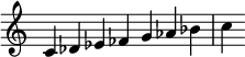  {
\override Score.TimeSignature #'stencil = ##f
\relative c' {\time 7/4 c des es fes g as bes c} }