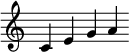  {
\override Score.TimeSignature #'stencil = ##f
\relative c' {\clef treble \time 7/4 c4 e g a} }