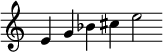  {
\override Score.TimeSignature #'stencil = ##f
\relative c' {\clef treble \time 7/4 e g bes cis e2} }