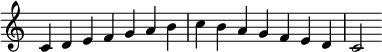   {
\override Score.TimeSignature #'stencil = ##f
\relative c' {
  \clef treble \key c \major \time 7/4 c4 d e f g a b c b a g f e d c2
} }
