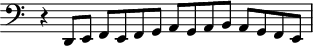 
\header {
  tagline = ##f
}

\score {
  \new Staff \with {
     \remove "Time_signature_engraver"
  }
<<
  \relative c {
    \key c \major
    \clef bass
    \time 2/1
    \override TupletBracket #'bracket-visibility = ##f 

     %%% f° 58v-59
     r4 d,8[ e] f[ e f g] a[ g a b] a g f e

  }
>>
  \layout {
     \context { \Score \remove "Metronome_mark_engraver" }
  }
  \midi {}
}
