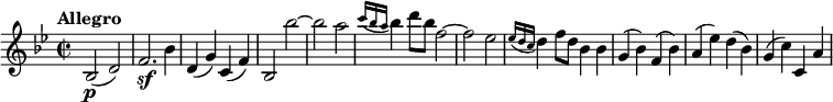 
\version "2.18.2"
\relative c'' {
  \key bes \major
  \time 2/2
  \tempo "Allegro "
  \tempo 4 = 190
  bes,2  \p (d)
  f2.  \sf bes4
  d, (g) c, (f)
  bes,2 bes'' ~
  bes a
  \grace {c16 (bes a} bes4) d8 bes f2 ~
  f ees
  \grace {ees16 (d c} d4) f8 d bes4 bes
  g (bes) f (bes)
  a (ees') d (bes)
  g (c) c, a' 
}
