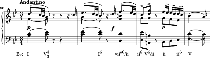 
    {
      #(set-global-staff-size 15)
      \override Score.SpacingSpanner.uniform-stretching = ##t
      \set Score.proportionalNotationDuration = #(ly:make-moment 1/8)
      \new PianoStaff <<
        \new Staff <<
            \new Voice \relative c'' {
               \override DynamicLineSpanner.staff-padding = #4
                \set Score.currentBarNumber = #86
                \bar ""
                \tempo "Andantino"
                \key bes \major \time 3/4
                \stemUp
                d8.^( c32 bes a8) r r r16. c32
                es8.^( d32 c bes8) r16. d32\f f8.^( es32 d)
                c8^> <d g>^> r8 f16^( es) es^( d) d^( c)
                \stemNeutral bes4( a8)
                }
            \new Voice \relative c' {
                \stemDown
                f4_~\p f8 s s4
                a4_( bes8) s <f b>4
                g8 g s g\p f es
                }
            >>
        \new Staff <<
            \new Voice \relative c' {
                \clef F \key bes \major \time 3/4
                <bes d>4(_\markup { \concat { \translate #'(-5.5 . 0) { "B♭:   I" \hspace #7 "V" \combine \raise #1 \small 4 \lower #1 \small 3  \hspace #23 "I" \raise #1 \small "6" \hspace #6 "vii" \raise #1 \small "o6" "/ii" \hspace #4 "ii" \raise #1 \small "6" \hspace #1 "V" \raise #1 \small "6" "/ii" \hspace #4 "ii" \hspace #5.2 "ii" \raise #1 \small "6" \hspace #3 "V" } } }
                <c es>8) r r4
                <c f>4( <d f>8) r <d, d'>4
                <es es'>8 <b b'> r c d es
                <f_~ d'>4( <f c'>8)
                }
            >>
    >> }
