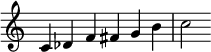  {
\override Score.TimeSignature #'stencil = ##f
\relative c' {\clef treble \time 6/4 c4 des f fis g b c2} }