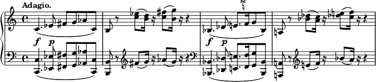 
 \relative c' {
  \new PianoStaff <<
   \new Staff { \key a \minor \time 4/4 \set Score.tempoHideNote = ##t \tempo "Adagio." 4=60
   \override Score.NonMusicalPaperColumn #'line-break-permission = ##f
    {
     c4. ( es8 fis g aes c,) b r <es' c>( <d b>16) r <fis c>8( <g b,>16) r r4
     bes,,4.( des8 e!8.[ ^\markup    
            \teeny \override #'(baseline-skip . 1) {
             \null \halign #-3
             \center-column {
              \musicglyph #"scripts.turn"
              \natural
             }
            }
     f16 g8 bes,] ) a! r <des' bes>( <c a>16) r <e! des!>8( <f c>16) r r4
    }
   }
   \new Dynamics {
    s4.\f s8\p s2 s1 s4.\f s8\p s2 s1
   }
   \new Staff { \key a \minor \time 4/4 \clef bass
    <c,, c,>4.( <es es,>8 <fis fis,> <g g,> <aes aes,> <c, c,>)
    <b b,> r \clef treble fis''( g16) r aes8( g16) r r4 \clef bass
    <bes,, bes,>4.( <des des,>8 <e! e,!>8.[ <f f,>16 <g g,>8 <bes, bes,>] )
    <a! a,!> r \clef treble e''!( f16) r bes8( a16) r r4
   }
  >>
 }
