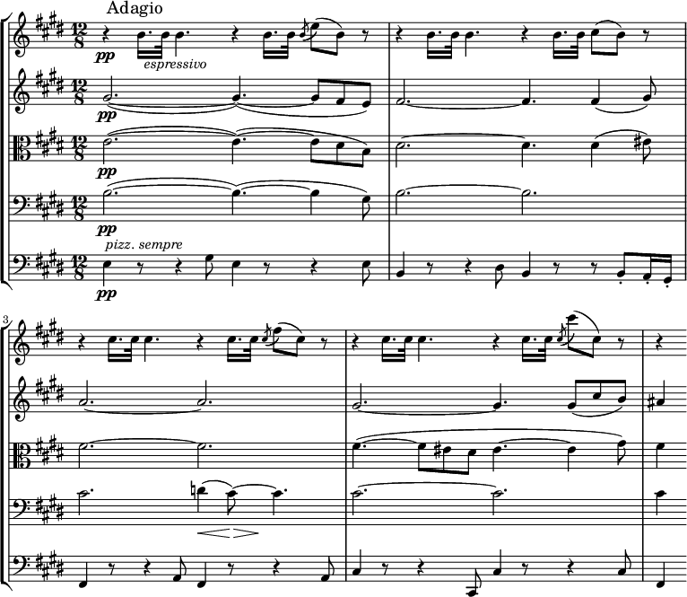 
\new StaffGroup <<
\time 12/8
\new Staff \relative c'' {
\set Staff.midiInstrument = #"violin"
\set Score.tempoHideNote = ##t \tempo 4. = 25
\bar ""
\override TextScript #'X-offset = #-5
\key e \major
r4\pp\mark "Adagio"  b16. b32 b4._\markup \italic {espressivo} r4 b16. b32 \acciaccatura {b8( } e8)( b) r |r4 b16. b32 b4. r4 b16. b32 cis8( b) r | r4 cis16. cis32 cis4. r4 cis16. cis32 \acciaccatura {cis8( } fis8)( cis) r | r4 cis16. cis32 cis4. r4 cis16. cis32 \acciaccatura {cis8( } cis'8)( cis,) r |r4
}
\new Staff \relative c'' {
\set Staff.midiInstrument = #"violin"
\override TextScript #'X-offset = #-5
\key e \major
gis2.~(\pp gis4.~)( gis8 fis e)|fis2.~ fis4. fis4( gis8) | a2.~ a2. | gis2.~ gis4. gis8( cis b) |ais4
}
\new Staff \relative c' {
\set Staff.midiInstrument = #"viola"
\override TextScript #'X-offset = #-5
\key e \major
\clef alto
e2.~(\pp e4.~)( e8 dis b) |dis2.~dis4. dis4( eis8) | fis2.~ fis2. | fis4.~( fis8 eis dis eis4.~eis4 gis8) |fis4
}
\new Staff \relative c' {
\set Staff.midiInstrument = #"cello"
\override TextScript #'X-offset = #-5
\key e \major
\clef bass
b2.~(\pp b4.~)( b4 gis8) | b2.~b2. | cis2. d4(\< <<cis8~) { s16.\> s32\! } >> cis4. |  cis2.~cis2. |cis4
}
\new Staff \relative c {
\set Staff.midiInstrument = #"pizzicato strings"
\override TextScript #'X-offset = #-5
\key e \major
\clef bass
e4\pp r8^\markup \italic {pizz. sempre } r4  gis8 e4 r8 r4 e8 | b4 r8 r4 dis8 b4 r8 r8 b8-. a16-. gis-. |fis4 r8 r4 a8 fis4 r8 r4 a8 | cis4 r8 r4 cis,8 cis'4 r8 r4 cis8 |fis,4
}
>>