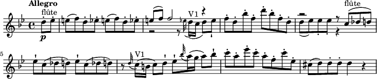 
\relative c'' {
   \version "2.18.2"
   \key bes \major
   \time 4/4
   \tempo "Allegro"
   \tempo 4 = 120
\partial4 d8-. \p ^ \markup {flûte} es-.
e (f) d-. ees!-. e (f) d-. ees!-.
 <<{e8 (f) f2 r4}  \\  {r2 r8  \grace ees32 (d16) ^\markup {V1} (c d8) [ees-!]}>>
f8-. d-. bes'-. f-. d'-. bes-. f-. d-.
 <<{r2 r8 c8^ \markup {flûte} (des d)}  \\  {d (ees) ees-. ees-. r4}>>
 ees8-!  c  (des d) ees-!  c  (des d)
 r8  \grace d32 (c16)  ^\markup {V1}  (b c8) d8-! ees-!  \grace bes'32 (a16) (g a8) bes-!
 c-. a-. ees'-. c-. a-. f-. c'-. ees,-.
 cis (d) d-. d-. d4 r
}
