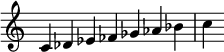 {
\override Score.TimeSignature #'stencil = ##f
\relative c' {\time 7/4 c des es fes ges as bes c} }