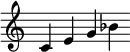  {
\override Score.TimeSignature #'stencil = ##f
\relative c' {\clef treble \time 7/4 c4 e g bes} }