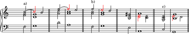 
\new PianoStaff <<
   \new Staff <<
    \set Score.tempoHideNote = ##t
    \tempo 4 = 160
    \override Staff.TimeSignature.transparent = ##t
     <<
     \new Voice = "first"
       \relative c''
         { \voiceOne s2 c^"a)" ~ \tweak NoteHead.color #red \tweak Stem.color #red c b \bar "||" s2 f' ~ \tweak NoteHead.color #red \tweak Stem.color #red f e \bar "||" s2 f^"b)" \tweak NoteHead.color #red \tweak Stem.color #red e d \bar "||" s2 <gis, e b> a1 \bar "||" s2 <g, c e>^"c)" <b g'>1 \bar "||" }
     \new Voice = "second"
       \relative c'
         { \voiceTwo s2 <f a> <d g>1 s2 <a' d> <a c>1 s2 <a c> <g b>1 s1 <\tweak NoteHead.color #red \tweak Stem.color #red d \tweak NoteHead.color #red \tweak Stem.color #red f>2 <c e> s1 \tweak NoteHead.color #red \tweak Stem.color #red e2 d }
     >>
     >>

    \new Staff <<
           \override Staff.TimeSignature.transparent = ##t
              \clef "bass"
              \relative c { s2 f g1 s2 d' a1 s2 f g1 s2 e a,1 s2 c g1 }
     >>
 >>
