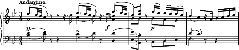 
 \relative c' {
  \new PianoStaff <<
   \new Staff { \key bes \major \time 3/4 \set Score.tempoHideNote = ##t \tempo "Andantino." 4=90
   \override Score.NonMusicalPaperColumn #'line-break-permission = ##f
    <<
     {
      d'8.( c32 bes a8) b\rest b\rest b16.\rest \stemDown c32
      \stemUp es8.( d32 c bes8) b16.\rest \stemDown d32 \stemUp f8.( es32 d
      c8-. ) <g' d>-. b,\rest f'16( es) es( d) d( c)
      bes4_( a8) [ b16\rest f] g a bes c
     }
    \\
     { f,2 s4 a( bes8) s <b f>4 g8 g s g f es }
    >>
   }
   \new Dynamics {
    s4\p s2 s4... s32\f s4 s s8 s\p
   }
   \new Staff { \key bes \major \time 3/4 \clef bass
    <<
     { s4. d,8\rest d4\rest f'2*3/4 d,8\rest s4 s d8\rest s4. d'4( c8) d,\rest d4\rest }
    \\
     { <d' bes>4( ^\( <es c>8) \) s4. c4( d8) s8 <d d,>4^( <es es,>8) <b b,>^. s c, d es f4. }
    >> 
   }
  >>
 }
