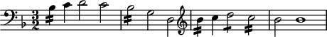 
\header {
  tagline = ##f
}

\score {
  \new Staff \with {

  }
<<
  \relative c' {
  \clef bass
  \key d \minor
  \time 3/2
  \tempo 2 = 78
  \set Staff.midiInstrument = #"harpsichord" 
    \override TupletBracket #'bracket-visibility = ##f 
    %\autoBeamOff

     %%%%%%%
     bes4:16 c d2 c | bes:16 g d |
  \clef treble 
    bes''4:16 c d2:8 c:16 bes2 bes1

  }
>>
  \layout {
     \context { \Score \remove "Metronome_mark_engraver" }
  }
  \midi {}
}
