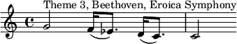 \relative c' {g'2^"Theme 3, Beethoven, Eroica Symphony" f16( ees8.) d16( c8.) c2} 