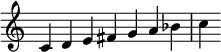 {
\override Score.TimeSignature #'stencil = ##f
\relative c' {\time 7/4 c d e fis g a bes c} }