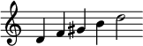  {
\override Score.TimeSignature #'stencil = ##f
\relative c' {\clef treble \time 7/4 d f gis b d2} }