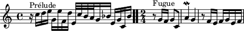 
\version "2.18.2"
\header {
  tagline = ##f
}

\score {
  \new Staff \with {

  }
<<
  \relative c'' {
    \key c \major
    \time 4/4
    \set Staff.midiInstrument = #"harpsichord" 

     %% INCIPIT CBT II-1, BWV 870, ut majeur
     r16^\markup{Prélude} c d e g, e' f, d' e,32 c' b a g16 bes e,[ g c, bes'] \bar ".."
     \time 2/4
     r8^\markup{Fugue} g16[ f] g8 c, a'4\mordent  g r8 f16 e f g e f

  }
>>
  \layout {
     \context { \Score \remove "Metronome_mark_engraver"
     \override SpacingSpanner.common-shortest-duration = #(ly:make-moment 1/2)
       }
  }
  \midi {}
}
