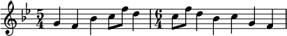 { \key bes \major \time 5/4 g'4 f'4 bes'4 c''8 f''8 d''4 \time 6/4 c''8 f''8 d''4 bes'4 c''4 g'4 f'4 }