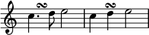  {
\override Score.TimeSignature #'stencil = ##f
<< \clef treble
    \relative c'' {
        \stemNeutral c4. d8 e2  c4 d\turn e2
    } \\ {
        s4 s^\turn
    }
>>
}
