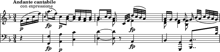 
<<
  \new Staff  \relative c' {
       \version "2.18.2"
         \clef "treble"
         \tempo "Andante cantabile"
         \key f \major
         \time 3/4
          \tempo 4 = 40
      \partial 4 f16 \p ^ \markup{con expressione} (a c f)
      \grace c16 (a'8.) \fp (f16) c8 \p <a c> ~ <a c>16 <g bes> <f a> <g bes>
      << { \stemDown g4} \\ {\stemUp bes8. c32 bes} >>  << {\stemDown f8.} \\ {\stemUp a8.} >>
      << {c,32 [f32 ] ~ \stemDown f4  \fp} \\ {s16 \stemUp d'32 ^([c bes a])} >>
      << { \stemDown <d, f>8 <d f>4 <bes f'>8 s16} \\ {\stemUp a'16 [g] g4 g8 ~ g16}  >> bes32 (a c [bes a g])
  }
 \new Staff \relative c {
         \clef "bass"
         \key f \major
         \time 3/4
         \partial 4 r4
         <f, f'> \fp <a a'> \p <c c'>
         <d d'> ~ <d d'>8 r8 a4 \fp
         bes <g, g'> <bes bes'>8.. bes''32
}
>>
