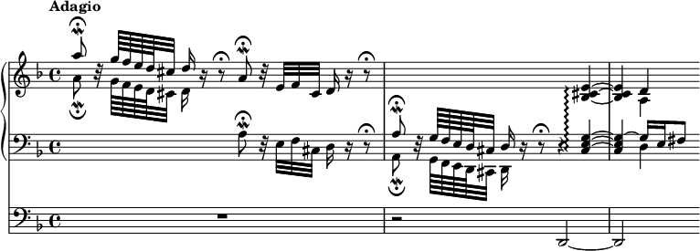 
\new Score <<
  \new PianoStaff <<
    \new Staff <<
      \new Voice \relative c''' {
        \set PianoStaff.connectArpeggios = ##t
        \override Score.NonMusicalPaperColumn #'line-break-permission = ##f
        \key d \minor
        \tempo Adagio
        \voiceOne
        a8 \fermata \mordent b,32 \rest g'64 f e d cis32 d16 b \rest b8 \rest \fermata
        a \fermata \mordent b32 \rest e, f cis d16 b' \rest b8 \rest \fermata |
        s2. \oneVoice <bes, cis e>4 ~ \arpeggio
        <bes cis e>4 d
      }
      \new Voice \relative c'' {
        \voiceTwo
        a8 \fermata \mordent s32 g64 f e d cis32 d16 s8. s2 |
        s1
        s4 a
      }
    >>
    \new Staff <<
      \new Voice \relative c' {
        \clef "bass"
        \key d \minor
        s2 a8 \fermata \mordent d,32 \rest e f cis d16 d \rest d8 \rest \fermata |
        \voiceOne
        a'8 \fermata \mordent d,32 \rest g64 f e d cis32 d16 d16 \rest d8 \rest \fermata d4 \rest <cis e g>4 ~ \arpeggio |
        <cis e g> ~ g'16 e fis8
      }
      \new Voice \relative c {
        \voiceTwo
        s1
        a8 \fermata \mordent s32 g64 f e d cis32 d16 s8. s2 |
        s4 d'4
      }
    >>
  >>
  \new Staff \relative c, {
    \clef "bass"
    \key d \minor
    R1 |
    r2  d ~ |
    d
  }
>>
