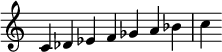 {
\override Score.TimeSignature #'stencil = ##f
\relative c' {\time 7/4 c des es f ges a bes c} }