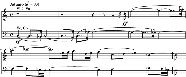 
<<
  \new Staff \with { midiInstrument = #"violin" }
  \relative c'' {
    \tempo "Adagio" 8 = 80
    \key c \major
    \time 4/4
    r1^"Vl 2, Va" |
    r2 r4 r8 r16 r32 c32-.-\ff |
    g'2~( g4~ g8.. as32-.) |
    a!4( bes~ bes8.) es,32 f g8. d32 es |
    f4( c8 d es4) bes4~ |
    bes8
  }
  \new Staff \with { midiInstrument = #"cello" }
  \relative c {
    \clef bass
    c4~(-\ff^"Vc, Cb" c8.. bes32-.) c2~( |
    c8.. a32-.) c8..( as'32-.) g2~( |
    g4~ g8.. ges32-.) f2~ |
    f4~ f8. es32 d es2~ |
    es4 f2 ges8. f32 es |
    d8
  }
>>
