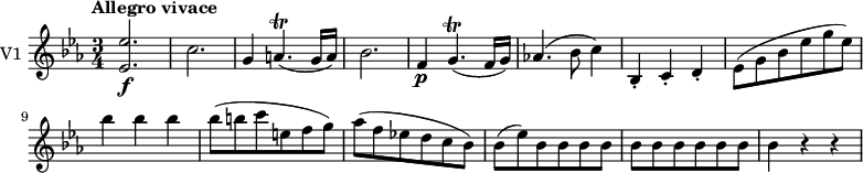 
<< \new Staff \with { instrumentName = #"V1 "}
    \relative c'' {
    \version "2.18.2"
    \key ees \major 
    \tempo "Allegro vivace"
    \time 3/4
    \tempo 4 = 160
  <ees, ees'>2.\f c' g4 a4. \trill (g16 a) bes2.
  f4 \p g4. \trill (f16 g)
  aes!4. (bes8 c4)
  bes,4-. c-. d-.
  ees8 (g bes ees g ees)
  bes'4 bes bes 
  bes8 (b c e, f g)
  aes (f ees! d c bes)
  bes (ees) \repeat unfold 10 {bes8}
  bes4 r r
}
>>
