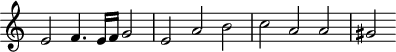 
\header {
  tagline = ##f
}

\score {
  \new Staff \with {
     \remove "Time_signature_engraver"
  }
<<
  \relative c' {
    \key c \major
    %\clef bass
    \time 3/2
    \override TupletBracket #'bracket-visibility = ##f 

     %%% f° 74v
     e2 f4. e16 f g2  e  a b c a a gis
  }
>>
  \layout {
     \context { \Score \remove "Metronome_mark_engraver" }
  }
  \midi {}
}
